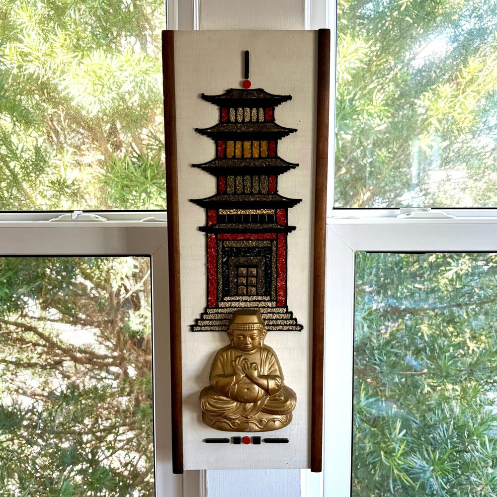 Vintage Asian Pagoda Buddha Gravel Art Wall Panel 24